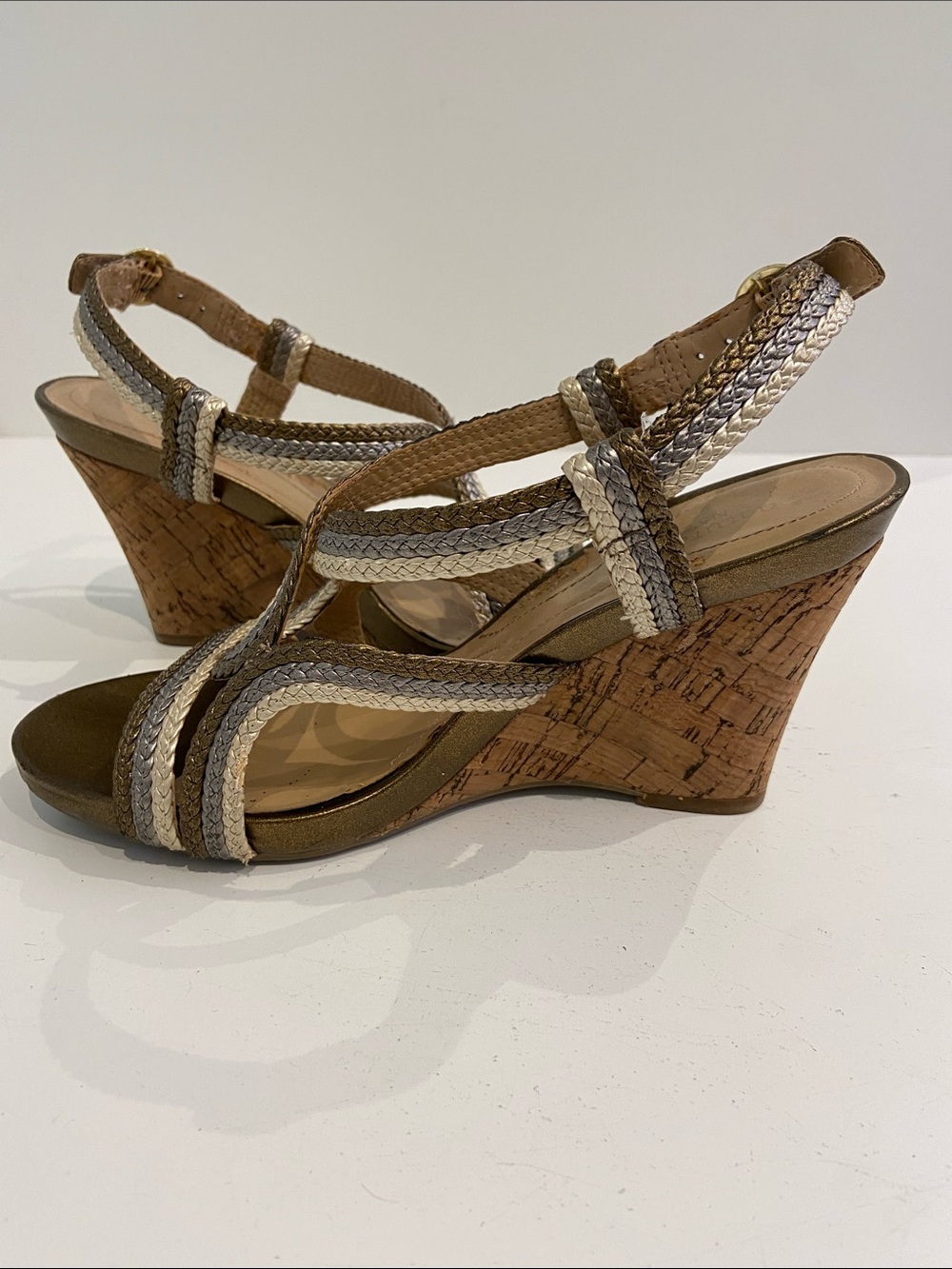 Naturalizer Braided Metallic Cork Wedges in Bronze, Pearl & Pewter. Size 7.5M